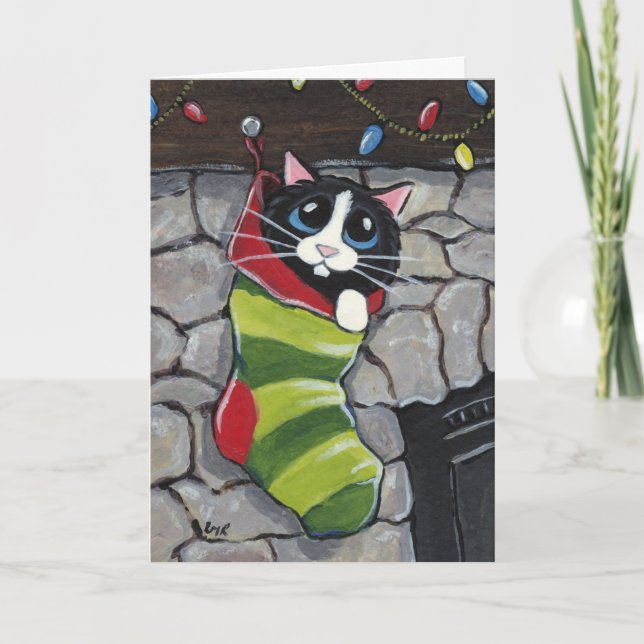 Tuxedo Cat in a Christmas Stocking Art Card (Front)