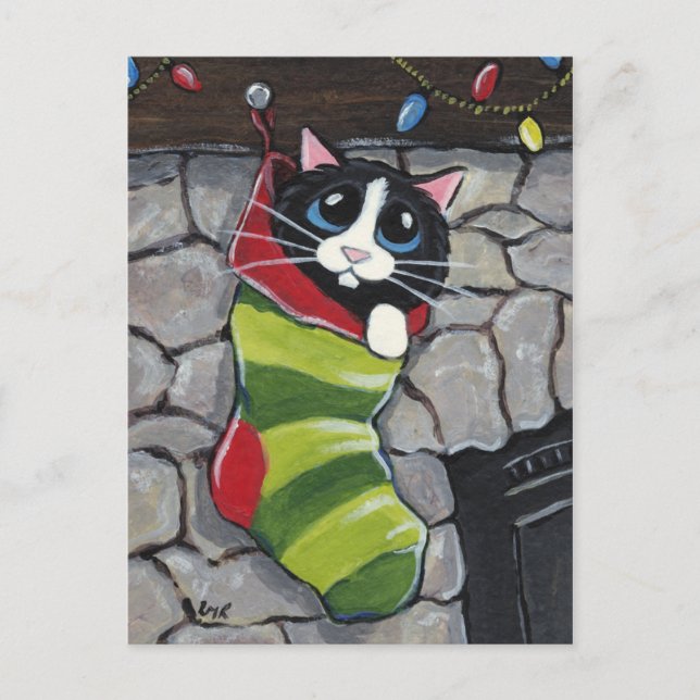 Tuxedo Cat in a Christmas Stocking Art Postcard (Front)