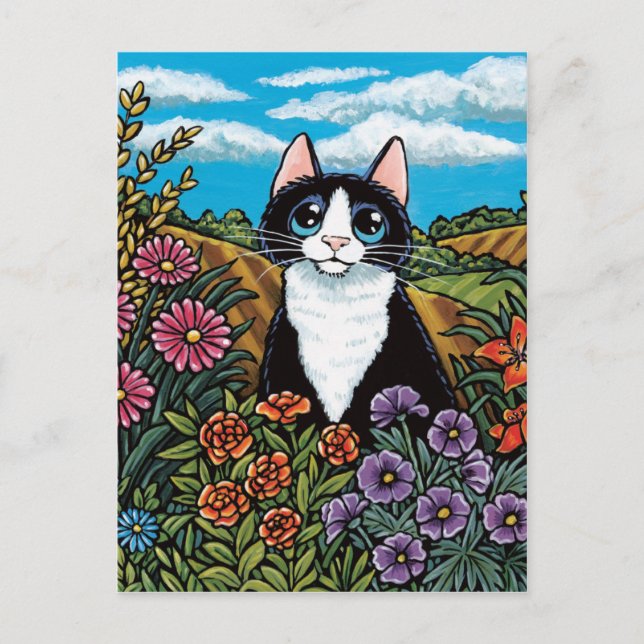 Tuxedo Cat in a Flower Field Meadow Postcard (Front)