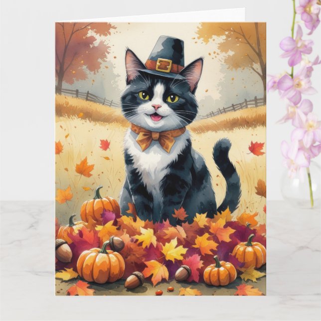Tuxedo Cat In Autumn Leaves Thanksgiving Art Card (Orchid)