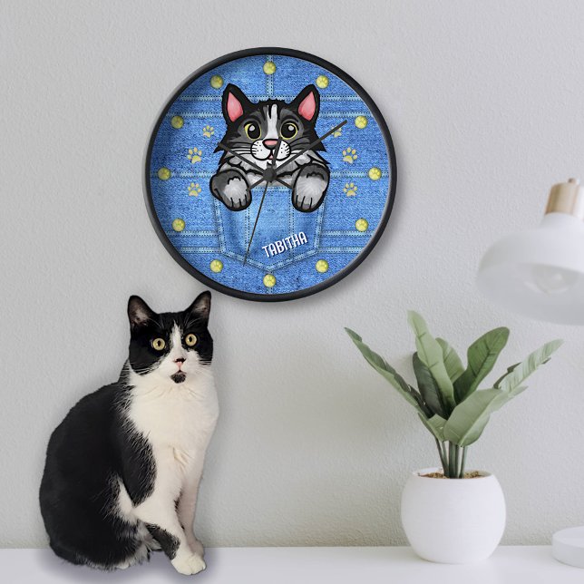Tuxedo Cat in Faux Denim Pocket with Custom Name Clock (Creator Uploaded)