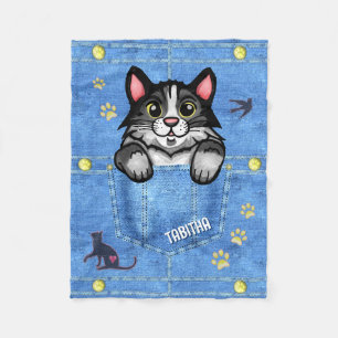 Tuxedo Cat in Faux Denim Pocket with Custom Name Fleece Blanket