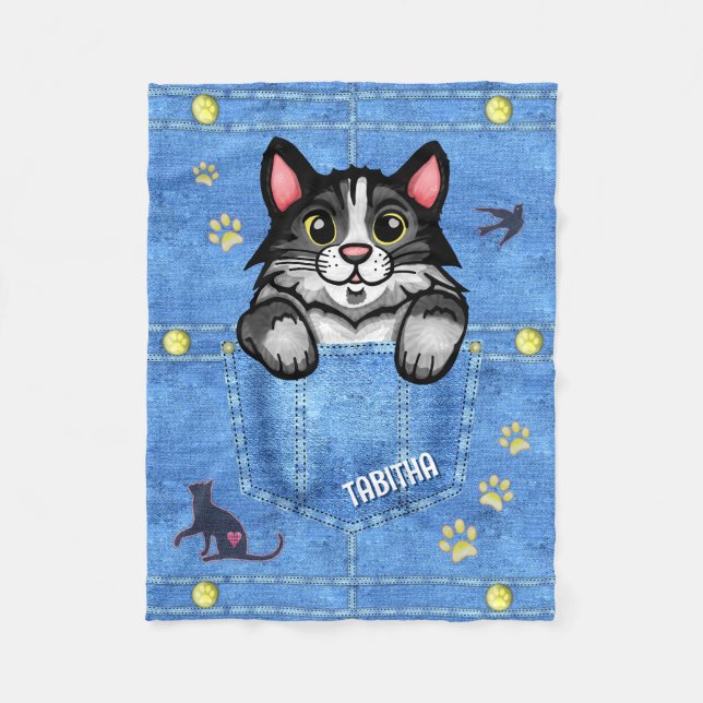 Tuxedo Cat in Faux Denim Pocket with Custom Name Fleece Blanket (Front)