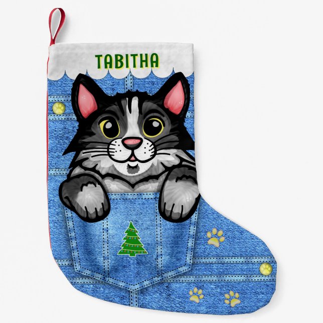 Tuxedo Cat in Faux Denim Pocket with Custom Name Small Christmas Stocking (Front)