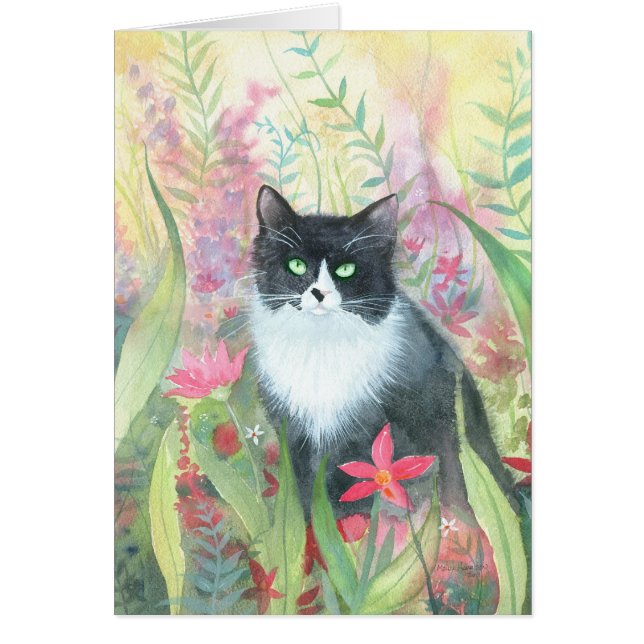 Tuxedo Cat in Garden Card (Front)