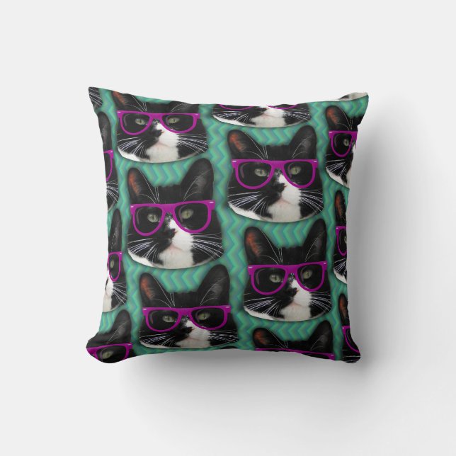 Tuxedo Cat In Glasses Fun Pattern Throw Pillow (Front)