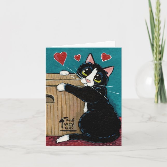 Tuxedo Cat in Love with Box Note Card (Front)