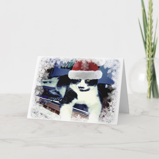 Tuxedo Cat in Santa Hat Blank Inside Card (Front)