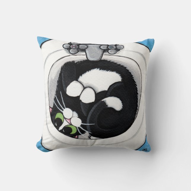 Tuxedo Cat in Sink Throw Pillow (Front)