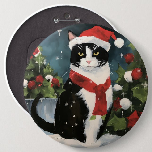 Tuxedo Cat in Snow Christmas 6 Inch Round Button (Front & Back)