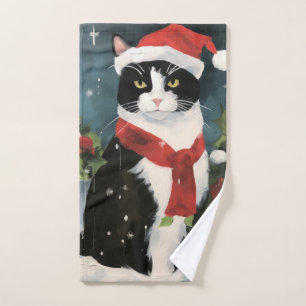 Tuxedo Cat in Snow Christmas Bath Towel Set