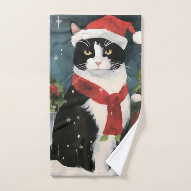Tuxedo Cat in Snow Christmas Bath Towel Set (Hand Towel)