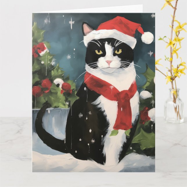 Tuxedo Cat in Snow Christmas Card (Yellow Flower)