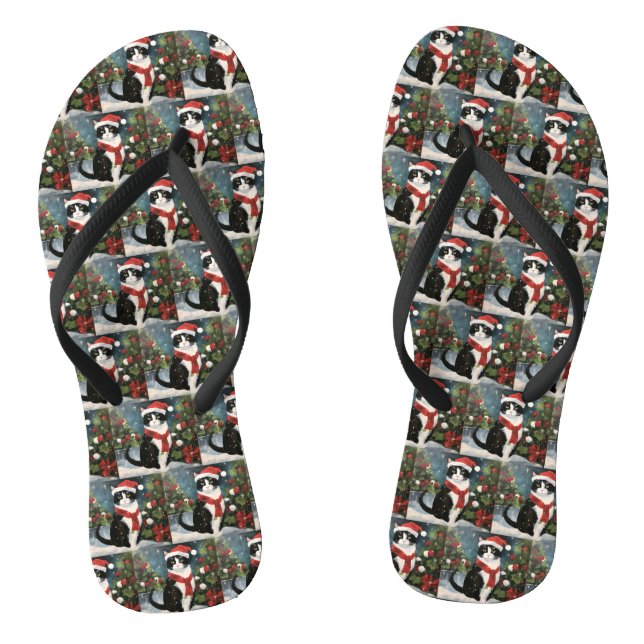 Tuxedo Cat in Snow Christmas Flip Flops (Footbed)