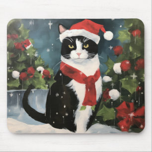 Tuxedo Cat in Snow Christmas Mouse Pad
