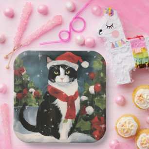 Tuxedo Cat in Snow Christmas Paper Plate