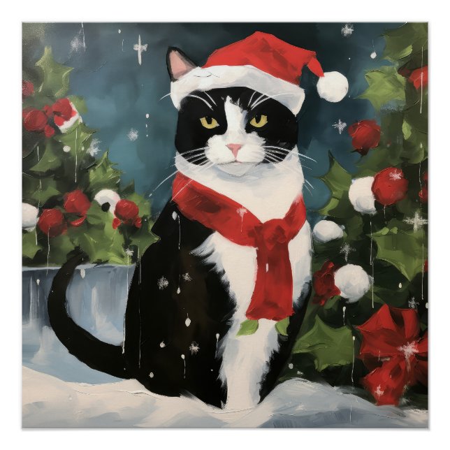 Tuxedo Cat in Snow Christmas Poster (Front)
