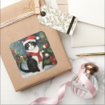 Tuxedo Cat in Snow Christmas  Square Sticker<br><div class="desc">Amidst a winter wonderland,  a playful Cat enjoys a snowy Christmas morning,  leaving adorable paw prints in the glistening snow. Their joy and curiosity add warmth to the enchanting holiday scene,  making it truly magical.</div>