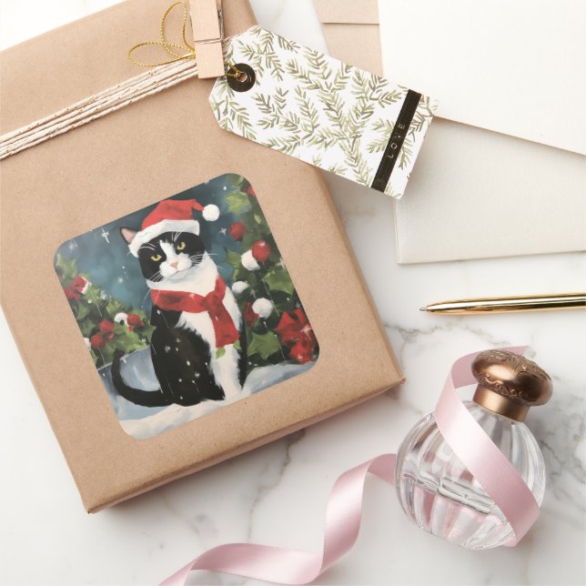 Tuxedo Cat in Snow Christmas  Square Sticker (Gifting)