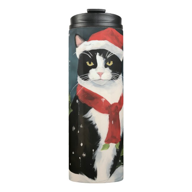 Tuxedo Cat in Snow Christmas Thermal Tumbler (Front)