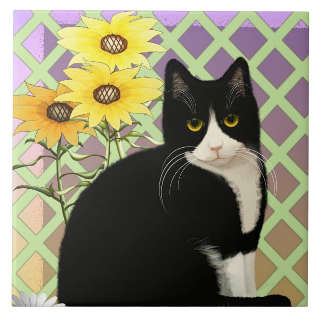 Tuxedo Cat in the Garden Tile (Front)