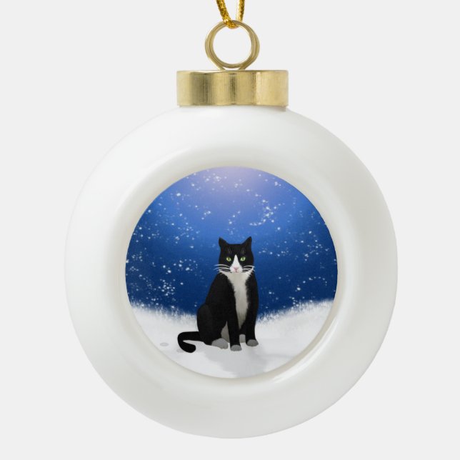 Tuxedo Cat in the Snow Ceramic Ball Christmas Ornament (Front)