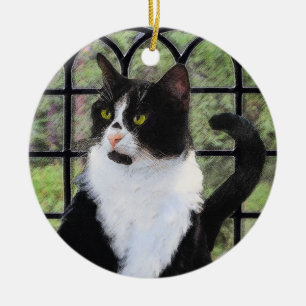 Tuxedo Cat in Window Ceramic Ornament