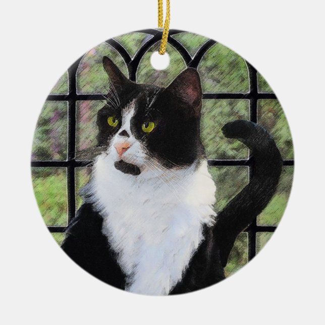 Tuxedo Cat in Window Ceramic Ornament (Front)