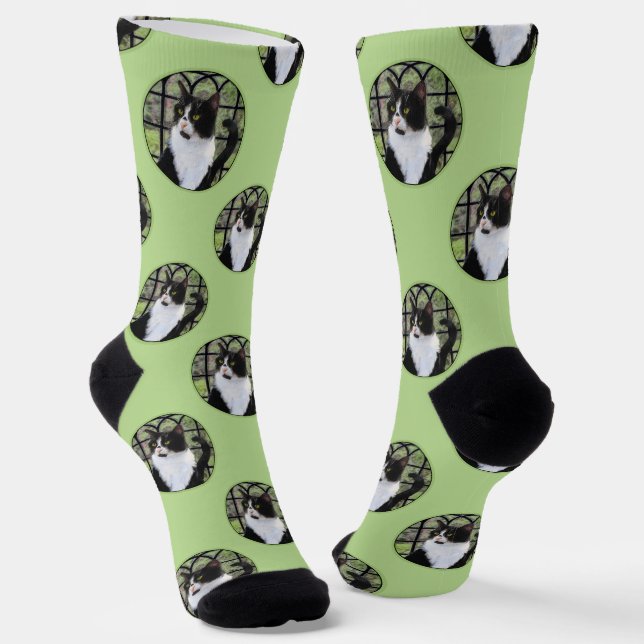 Tuxedo Cat in Window Painting Cute Original Art Socks (Angled)