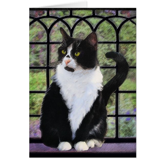 Tuxedo Cat in Window Painting Original Animal Art (Front)
