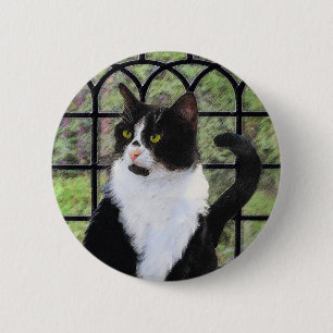 Tuxedo Cat in Window Painting Original Animal Art 2 Inch Round Button