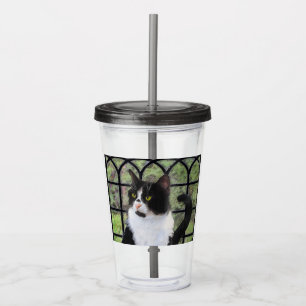 Tuxedo Cat in Window Painting Original Animal Art Acrylic Tumbler