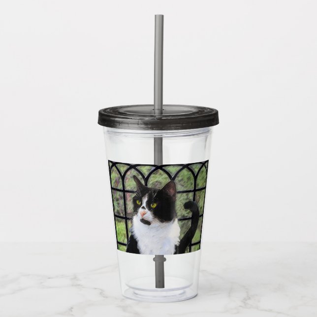 Tuxedo Cat in Window Painting Original Animal Art Acrylic Tumbler (Front)