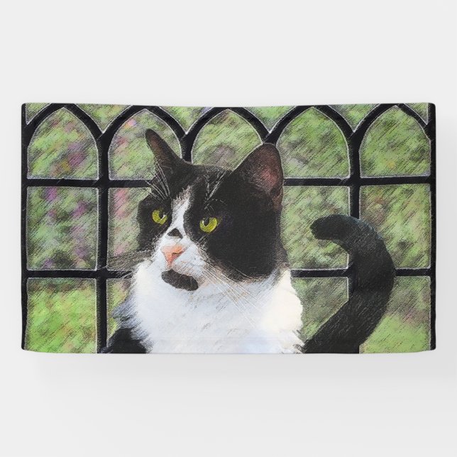 Tuxedo Cat in Window Painting Original Animal Art Banner (Horizontal)
