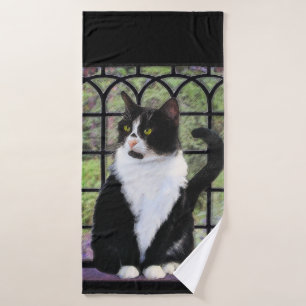 Tuxedo Cat in Window Painting Original Animal Art Bath Towel Set