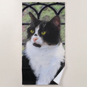 Tuxedo Cat in Window Painting Original Animal Art Beach Towel
