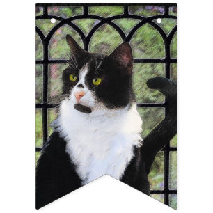 Tuxedo Cat in Window Painting Original Animal Art Bunting Flags