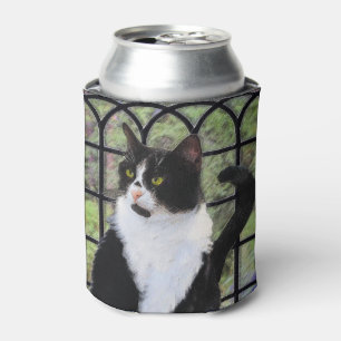 Tuxedo Cat in Window Painting Original Animal Art Can Cooler