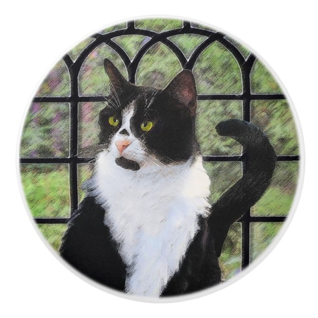 Tuxedo Cat in Window Painting Original Animal Art Ceramic Knob (Front)