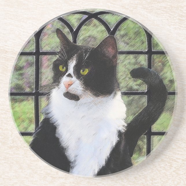 Tuxedo Cat in Window Painting Original Animal Art Coaster (Front)