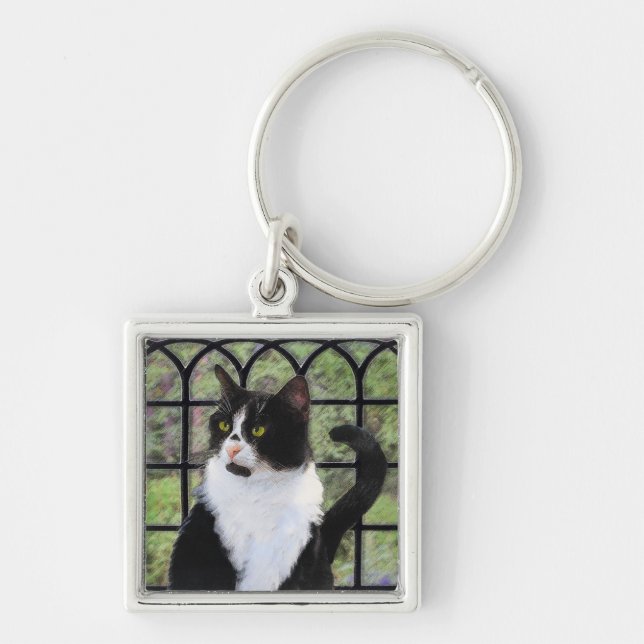 Tuxedo Cat in Window Painting Original Animal Art Keychain (Front)