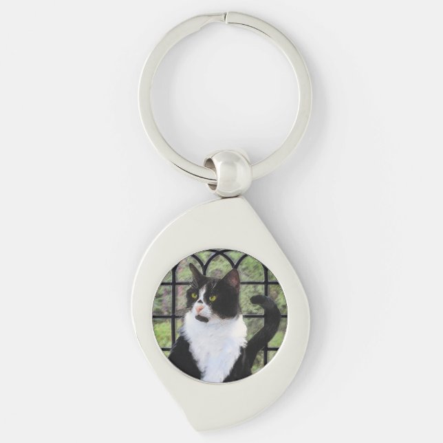 Tuxedo Cat in Window Painting Original Animal Art Keychain (Front)