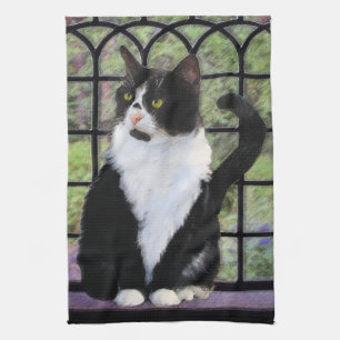 Tuxedo Cat in Window Painting Original Animal Art Kitchen Towel