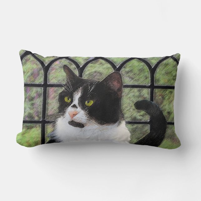 Tuxedo Cat in Window Painting Original Animal Art Lumbar Pillow (Front)