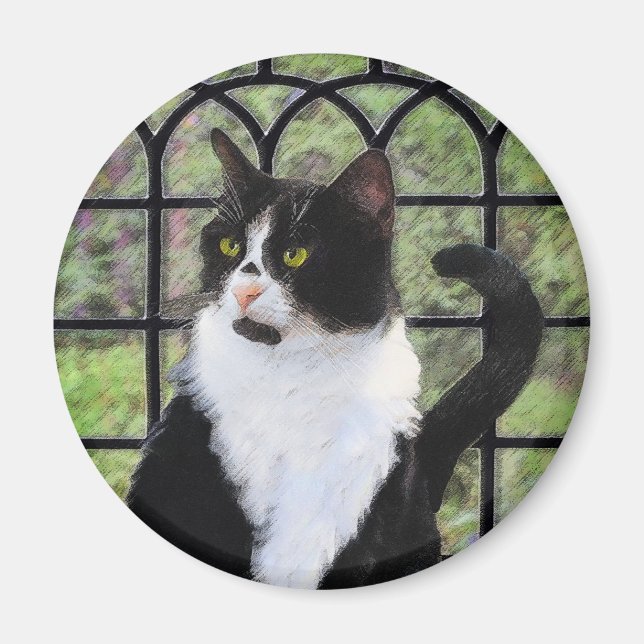 Tuxedo Cat in Window Painting Original Animal Art Magnet (Front)