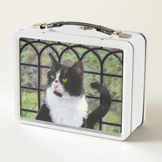 Tuxedo Cat in Window Painting Original Animal Art Metal Lunch Box (Back)