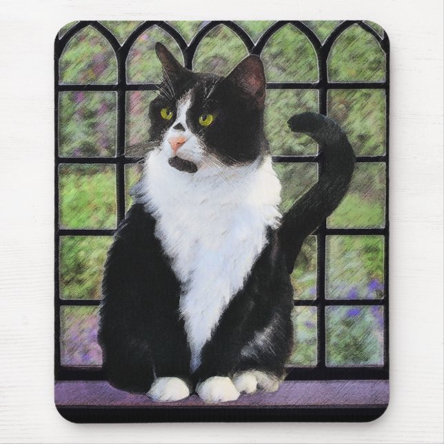 Tuxedo Cat in Window Painting Original Animal Art Mouse Pad (Front)