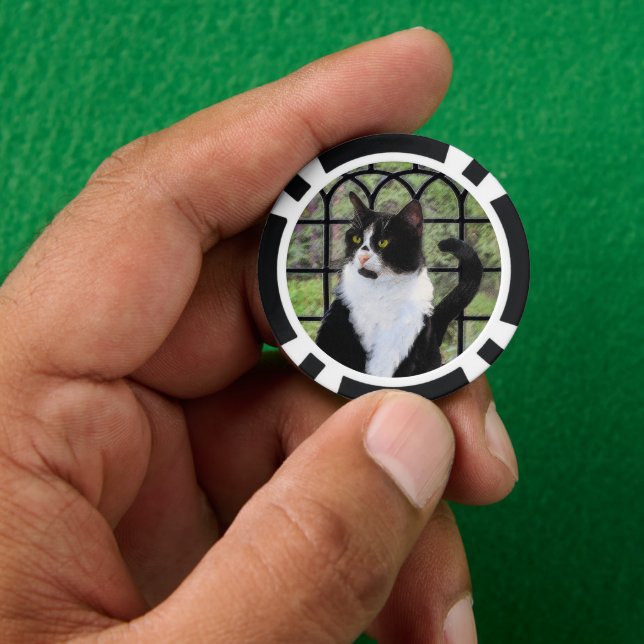 Tuxedo Cat in Window Painting Original Animal Art Poker Chips (Hand)