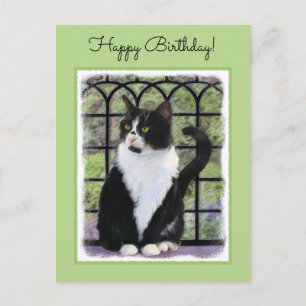 Tuxedo Cat in Window Painting Original Animal Art Postcard
