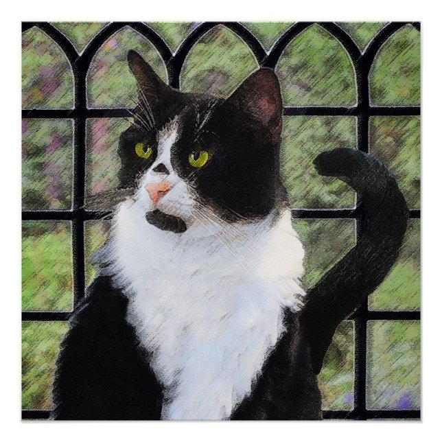 Tuxedo Cat in Window Painting Original Animal Art Poster (Front)